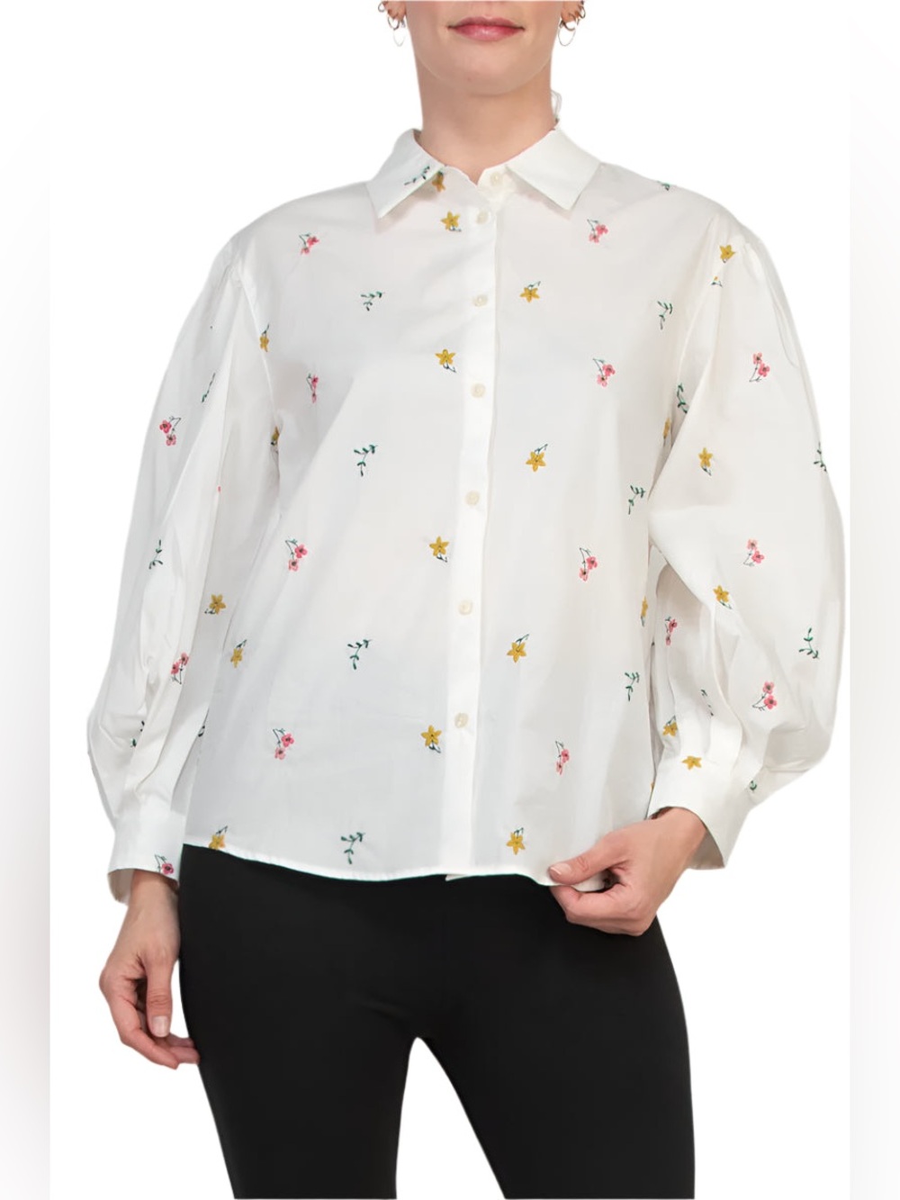 Elie Tahari Puff Cuffed Long Sleeves Front Button Closure Embroidered Shirt S
